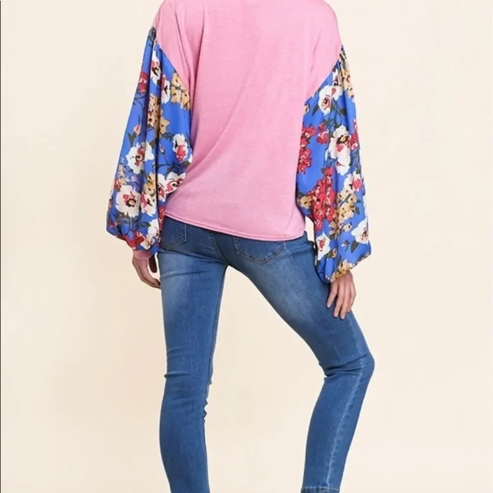 Floral Long Puff Sleeve Knit V-Neck Criss Cross Front Top-Pink - Picture 4 of 4